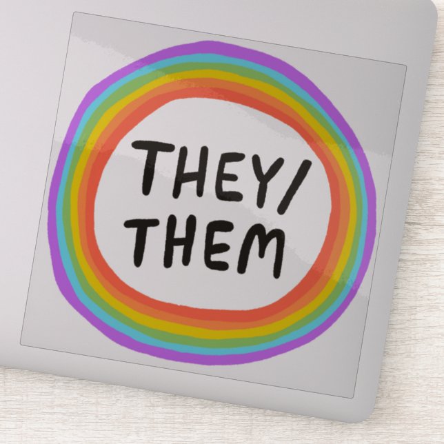 THEY/THEM Pronouns Rainbow Circle  Handlettering Sticker (Detail)
