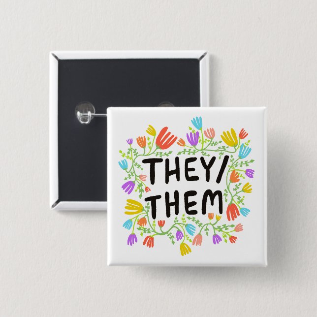 THEY/THEM Pronouns Rainbow Floral Wreath Button (Front & Back)