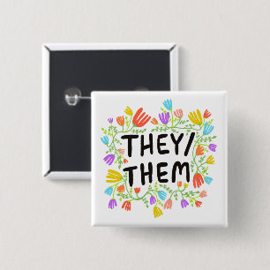 THEY/THEM Pronouns Rainbow Floral Wreath Button