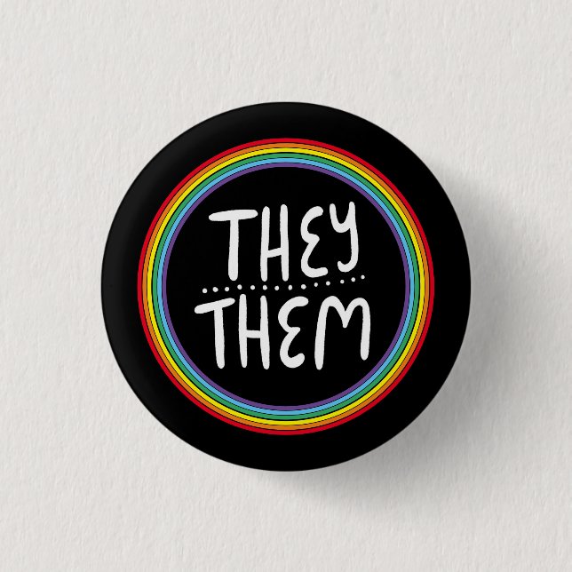 THEY/THEM Pronouns Rainbow Handlettered Minimal  Button (Front)
