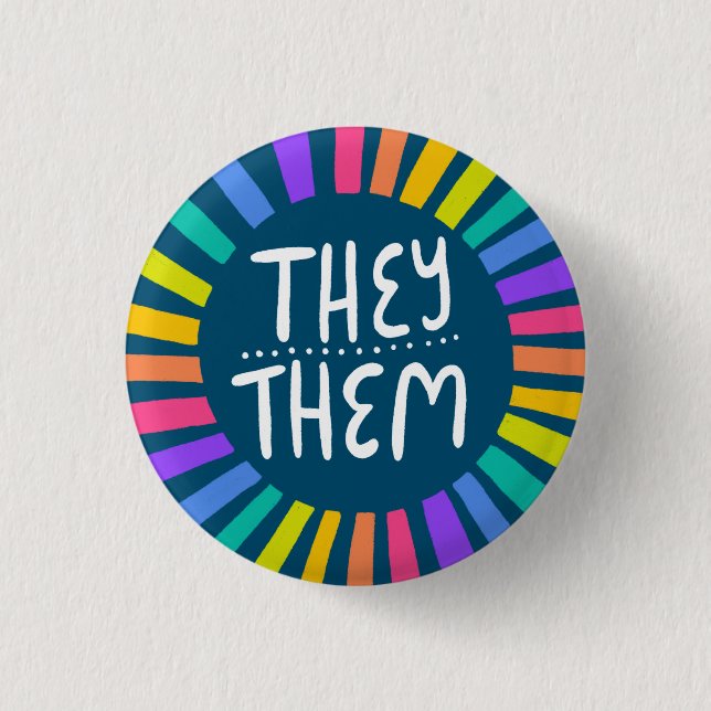THEY / THEM Pronouns Rainbow Handlettered Pride Button (Front)