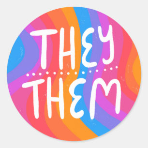 THEY/THEM Pronouns Rainbow Handlettering Sheet of Classic Round Sticker