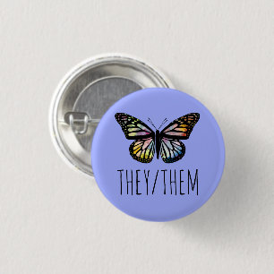 THEY/THEM Pronouns Watercolor Butterfly Button