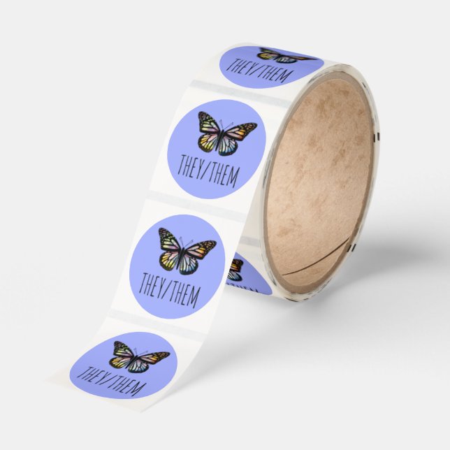 THEY/THEM Pronouns Watercolor Butterfly  Classic Round Sticker (Roll)