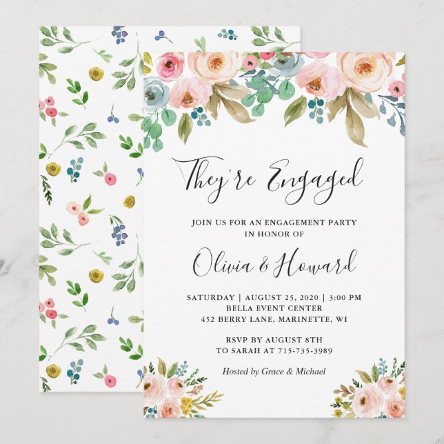 They're Engaged Watercolor Floral Engagement Party Invitation (Front/Back)