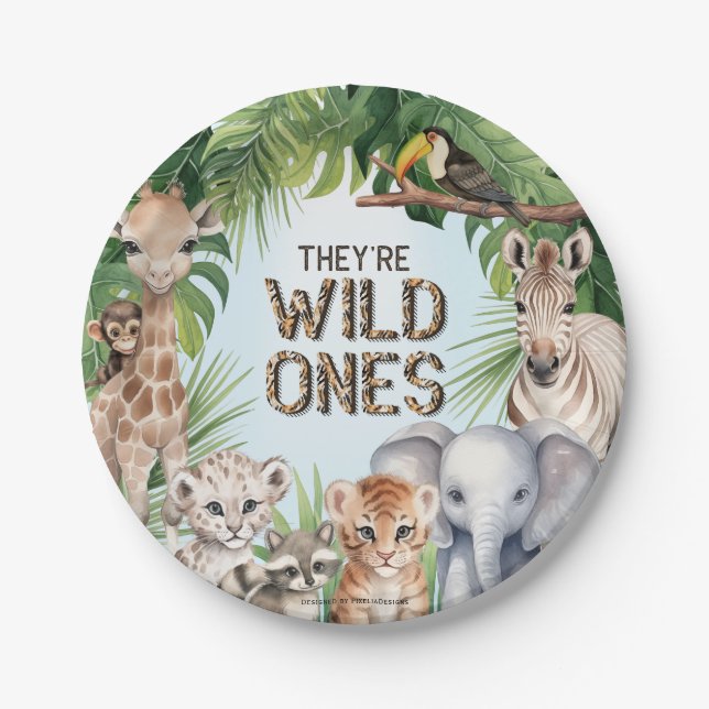 Theyre wild ones twins blue 1st birthday snacks paper plates (Front)