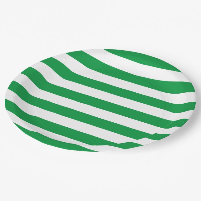 Thick Bold Green and White Stripes Paper Plates (Angled)