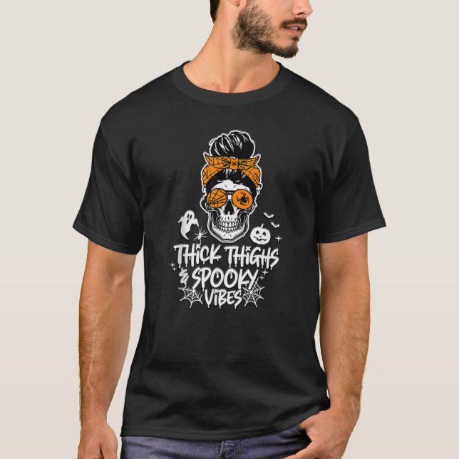 Thick Thighs and Spooky Vibes Halloween Witch Hall T-Shirt (Front)