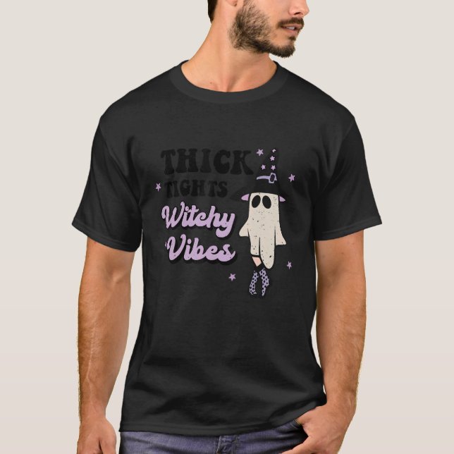 Thick Tighs Witchy Vibes Retro Halloween Celestial T-Shirt (Front)