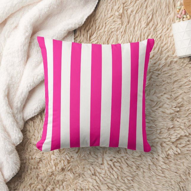 Thick Vertical Stripes Deep Pink And White Striped Throw Pillow (Blanket)