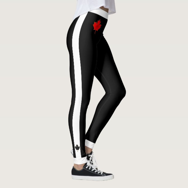 Thick Waistband Canada Maple Leaf on Black & White Leggings (Right)