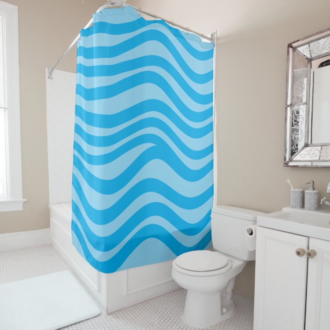 Thick wavy lines in blue and dark blue shower curtain (In Situ)