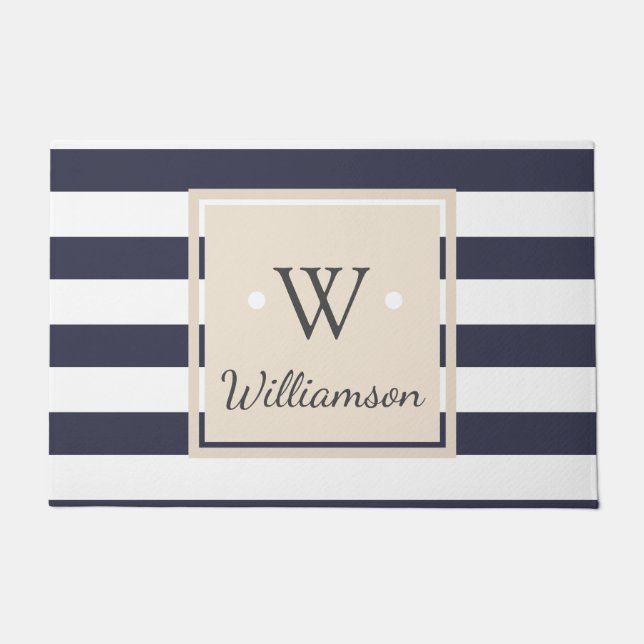 Thick White Modern Stripes - Family Name Monogram Doormat (Front)