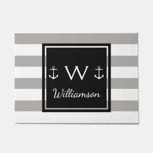 Thick White Nautical Stripes Anchors & Family Name Doormat