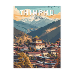Thimphu Bhutan Illustration Travel Art Vintage Postcard