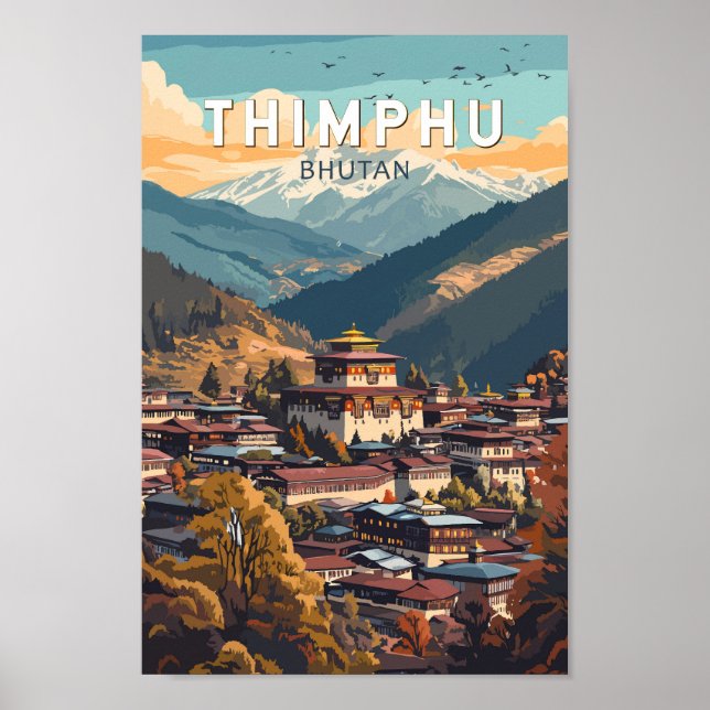 Thimphu Bhutan Illustration Travel Art Vintage Poster (Front)