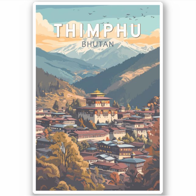 Thimphu Bhutan Illustration Travel Art Vintage Sticker (Front)