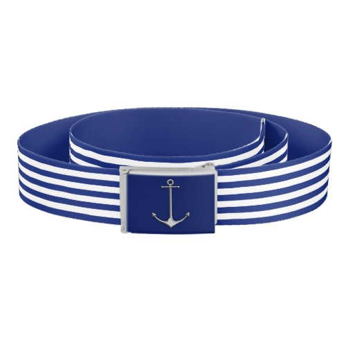 Thin Anchor on Nautical Navy Blue Stripes Print Belt