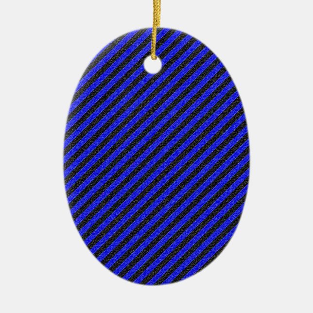 Thin Black and Blue Diagonal Stripes Ceramic Ornament (Front)