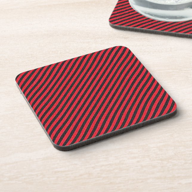 Thin Black and Red Diagonal Stripes Beverage Coaster (Left Side)