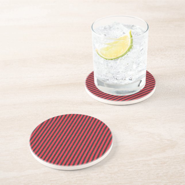 Thin Black and Red Diagonal Stripes Sandstone Coaster (Side)