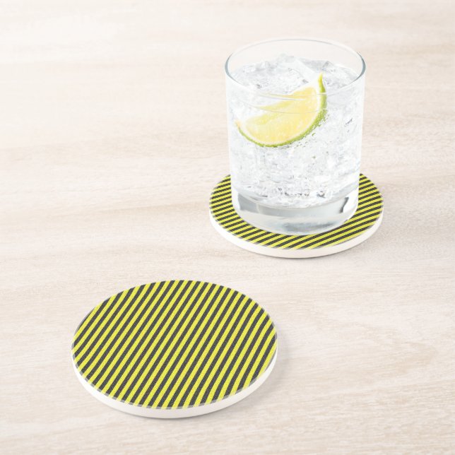 Thin Black and Yellow Diagonal Stripes Drink Coaster (Side)