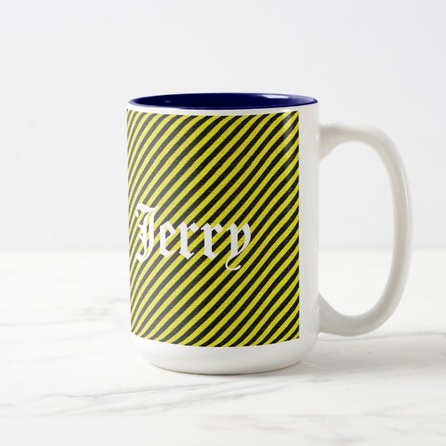 Thin Black and Yellow Diagonal Stripes Two-Tone Coffee Mug (Right)