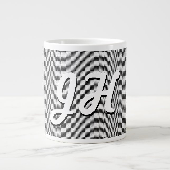Thin Black & White Stripes | Retro-Styled Initials Giant Coffee Mug (Front)