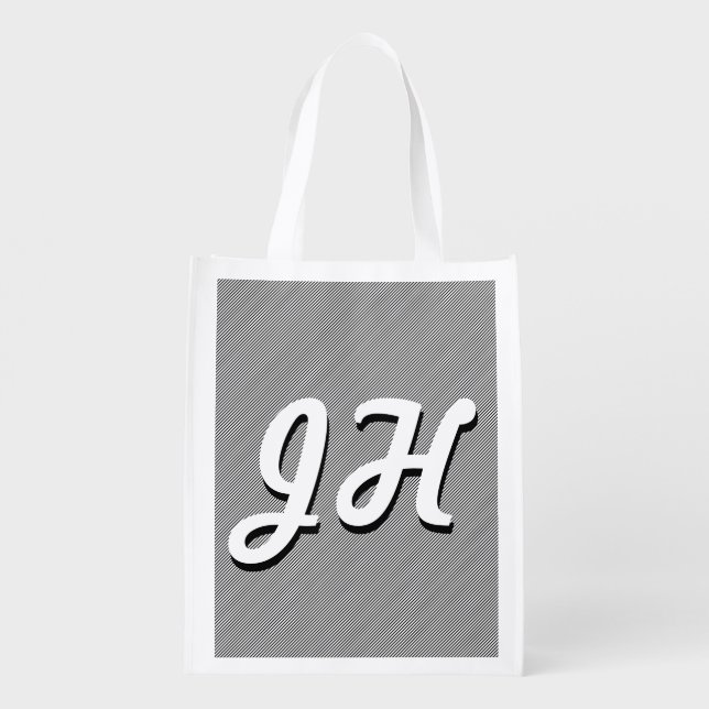 Thin Black & White Stripes | Retro-Styled Initials Grocery Bag (Back)