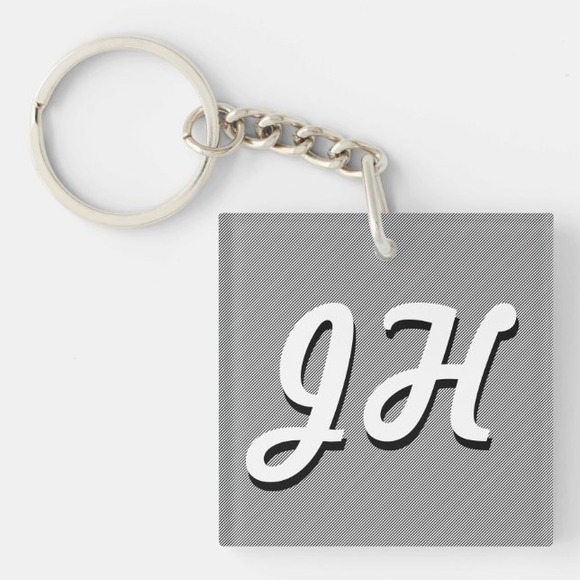 Thin Black & White Stripes | Retro-Styled Initials Keychain (Front)