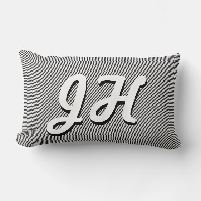 Thin Black & White Stripes | Retro-Styled Initials Lumbar Pillow (Front)