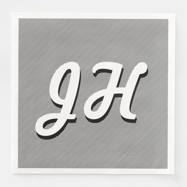 Thin Black & White Stripes | Retro-Styled Initials Paper Dinner Napkins (Front)