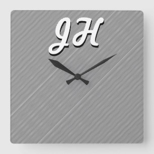 Thin Black & White Stripes Retro-Styled Initials Square Wall Clock
