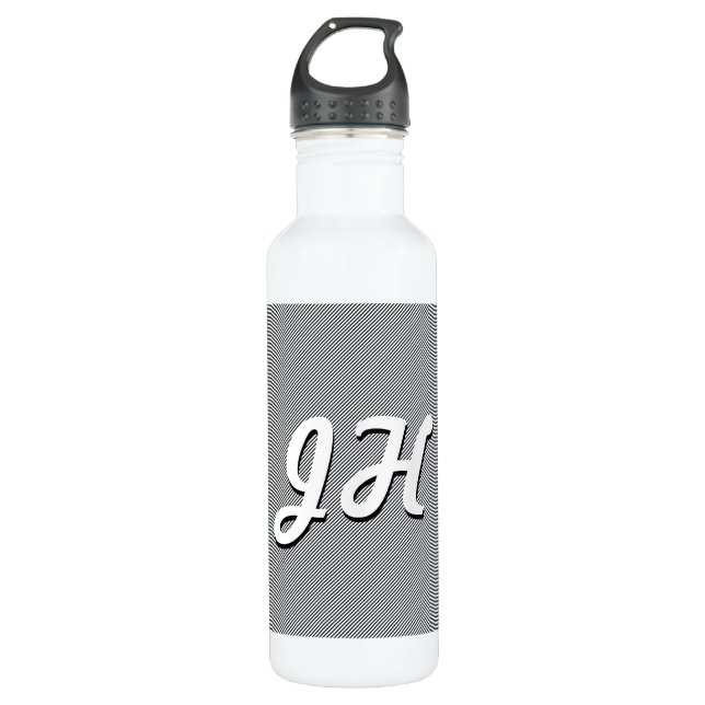 Thin Black & White Stripes | Retro-Styled Initials Stainless Steel Water Bottle (Front)
