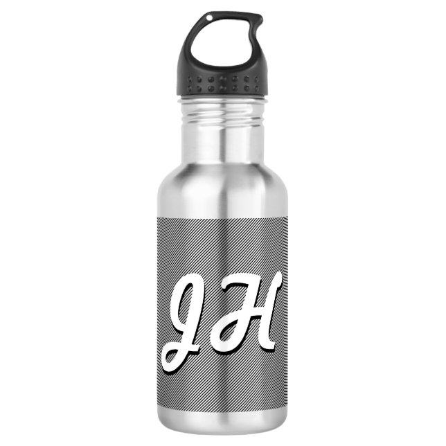 Thin Black & White Stripes | Retro-Styled Initials Stainless Steel Water Bottle (Front)