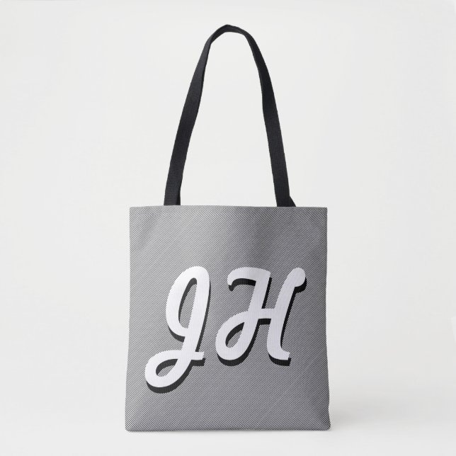 Thin Black & White Stripes | Retro-Styled Initials Tote Bag (Front)