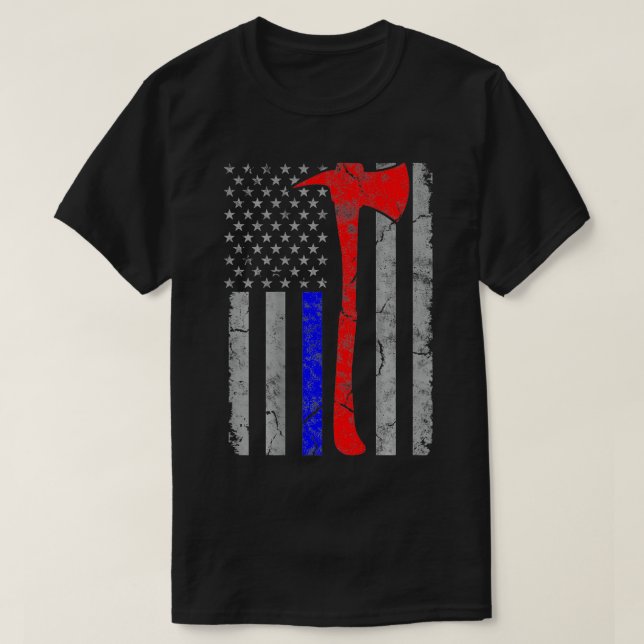 Thin Blue and Red Line Flag Police Firefighter Axe T-Shirt (Design Front)
