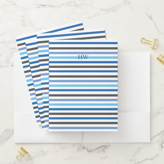 Thin Blue and White Stripes Monogram Custom Pocket Folder (In Situ)
