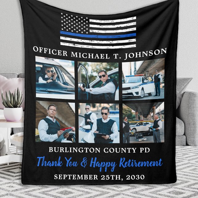Thin Blue Line 6 Picture Police Officer Retirement Fleece Blanket (Creator Uploaded)