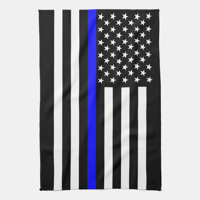 Thin Blue Line American Flag Black and White Kitchen Towel (Vertical)