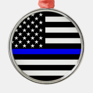 Thin Blue Line American Flag Black and White Metal Ornament