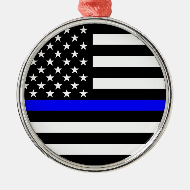 Thin Blue Line American Flag Black and White Metal Ornament (Front)