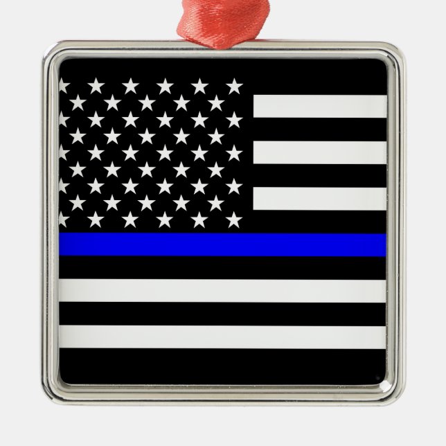 Thin Blue Line American Flag Black and White Metal Ornament (Front)