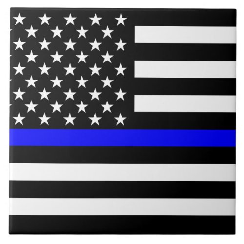 Thin Blue Line American Flag Black and White Tile