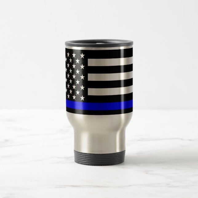 Thin Blue Line American Flag Black and White Travel Mug (Center)