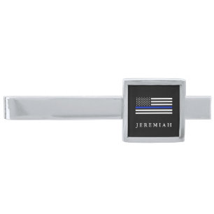 Thin Blue Line American Flag Custom Name Silver Finish Tie Clip