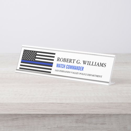Thin Blue Line American Flag Customized White Desk Name Plate