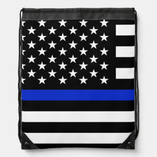 Thin Blue Line American Flag Drawstring Bag