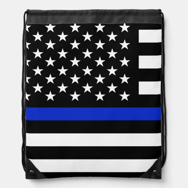 Thin Blue Line American Flag Drawstring Bag (Front)
