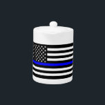 Thin Blue Line American Flag Graphic Decor Teapot<br><div class="desc">A Thin Blue Line symbolic US flag design graphic. A great gift idea for gatherings,  memorial celebrations and remembrance occasions. 


Use the "Ask this Designer" link to contact us with your special design requests or for some assistance with any of your customization needs.</div>